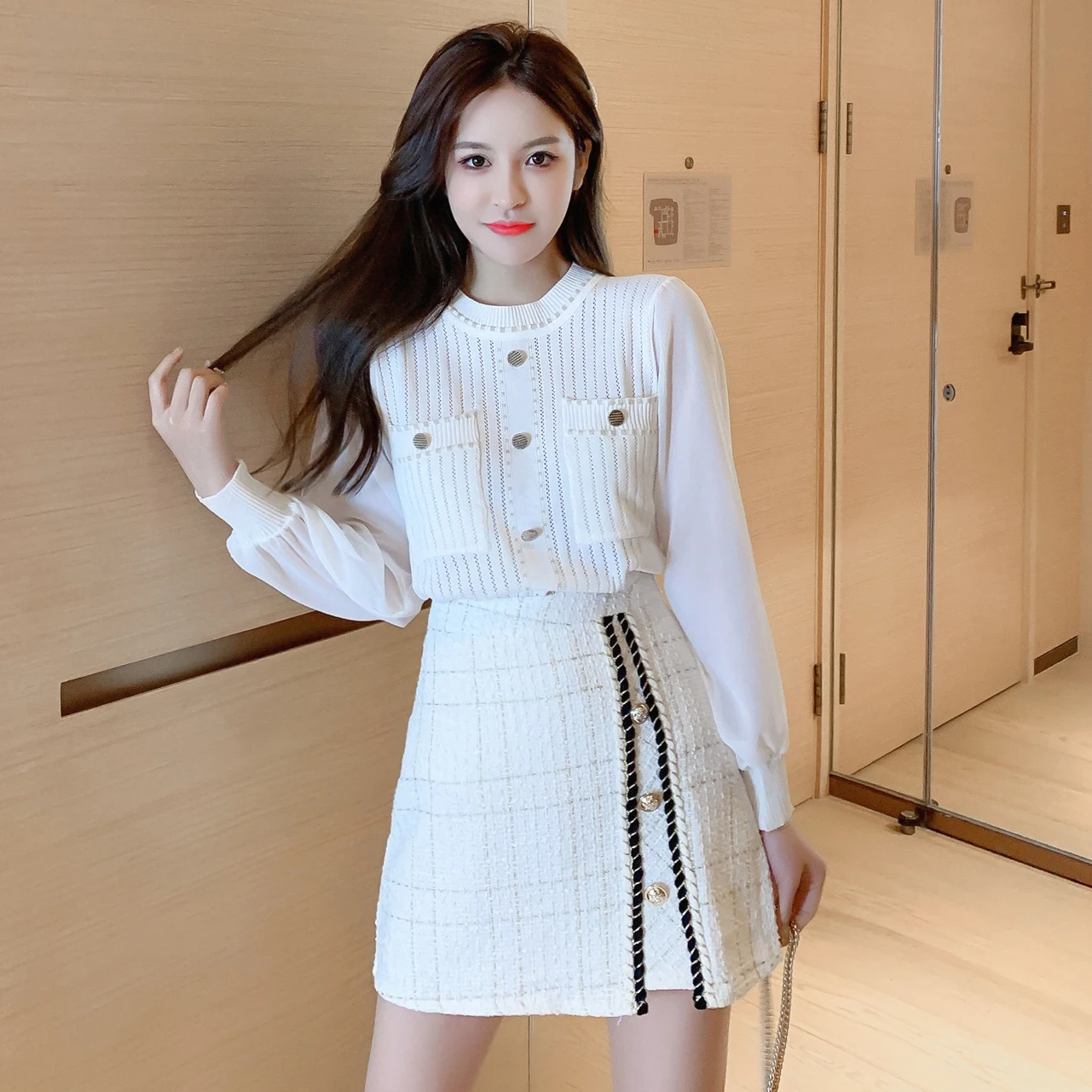 Small fragrance Autumn Runway 2 Piece Set Womens Long Sleeve Knitted Pullovers Tops + Plaid Woolen Skirt Two Knit Suit | Женская одежда