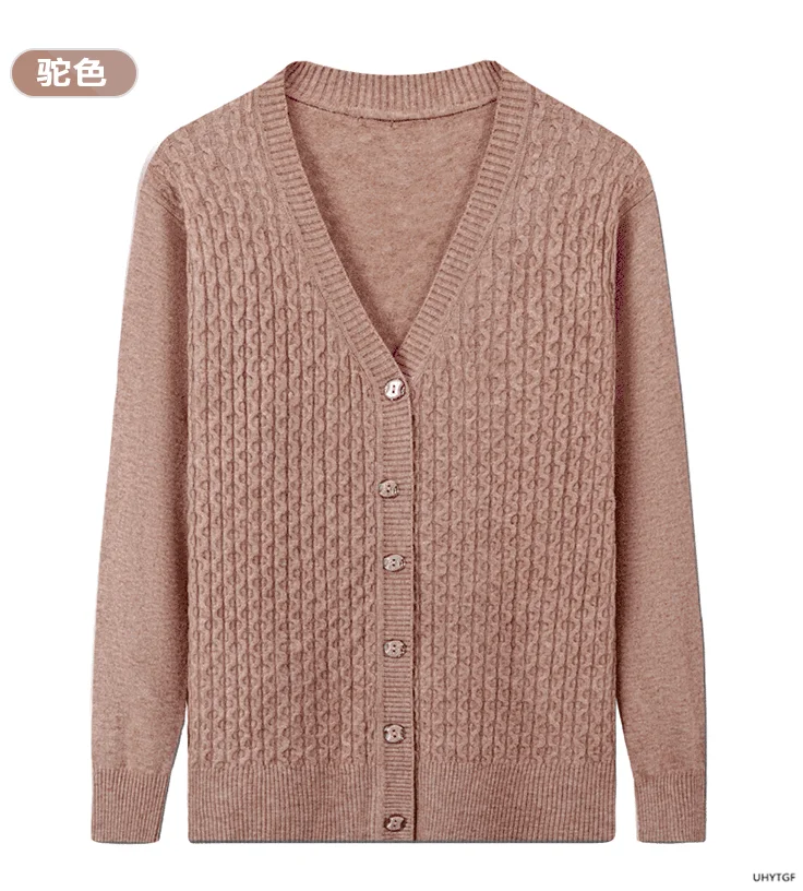 UHYTGF Elegant Mother Spring Autumn Sweater Jacket Single-Breasted Knitted Cardigan For Women Fashion V-Neck Loose Size Coat1447
