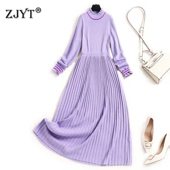 

Europe Fashion Autumn Winter Clothes Women Designers Long Sleeve Ruffle Neck Solid Pleated Knit Sweater Dress XXL Size