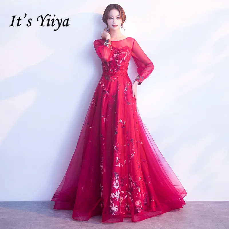 

Long Sleeve Evening Dress It's Yiiya R245 Elegant Burgundy A-line Robe De Soiree Embroidery Tulle Zipper Evening Dress For Women