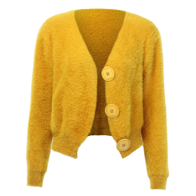 Yellow Осенне-зимний короткий вязаный кардиган, шерстяной женский кардиган, свитер, повседневный женский теплый свитер с длинным рукавом для женщин - Цвет: Yellow