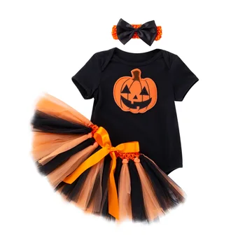 

Cute Newborn Baby Girl Short Sleeve Pumpkin Bodysuit Tops Tutu Skirt Headband 3PCS Outfits Halloween Clothes Set