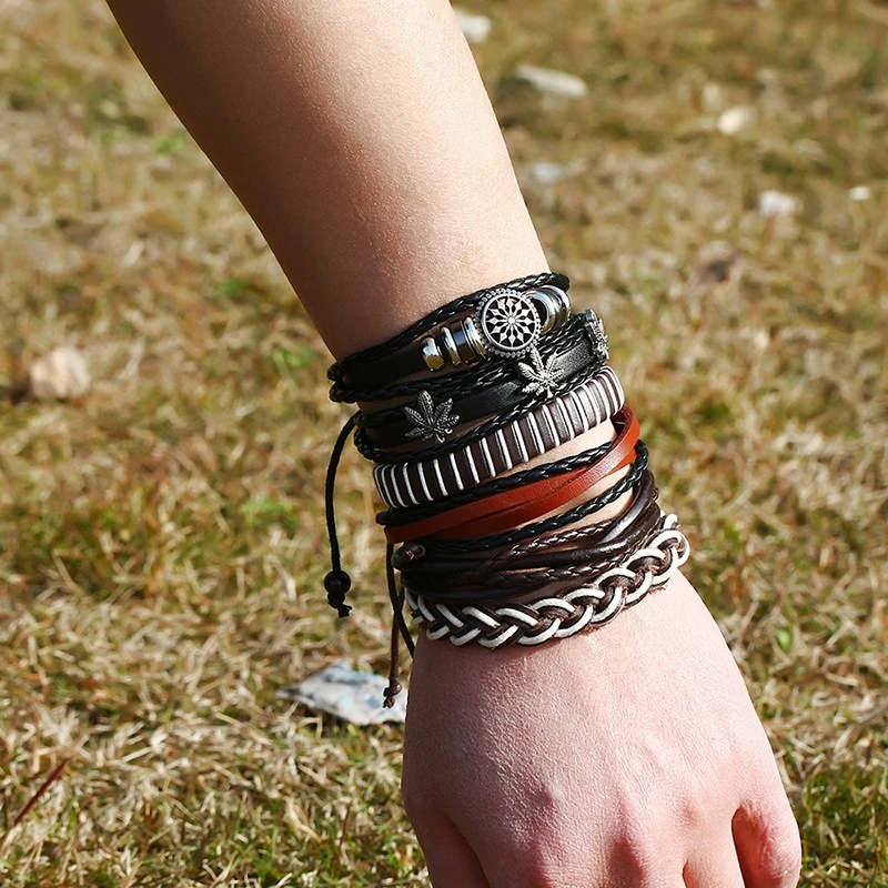 

Vintage Woven Leather Set Bracelet Handmade Hemp Rope CCB Maple Leaf Sun Flower Charm Bracelets for Women Fashion Jewelry