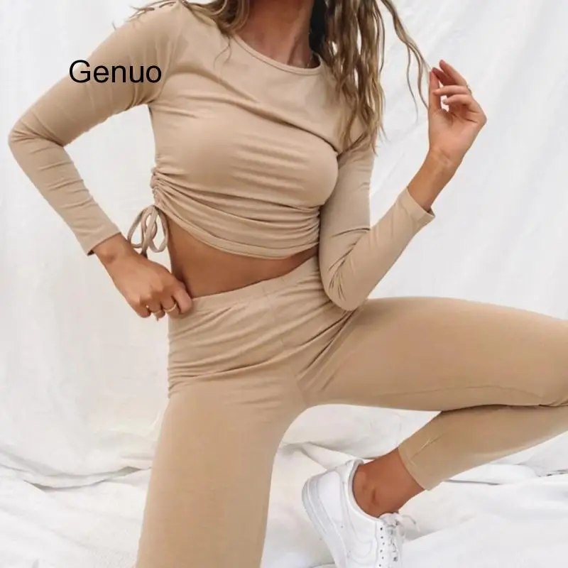 Two Pieces Track Set Fashion Casual Sports Solid Color Long Sleeve Suit Short Crop Top And Long Pants Suit Women Matching Sets