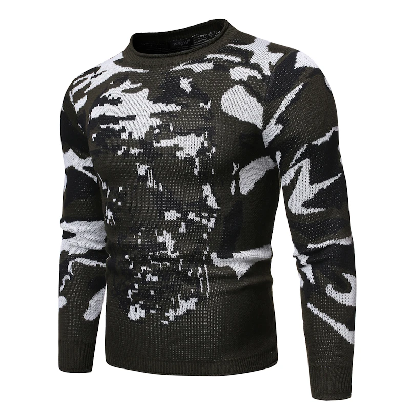 Loldeal Men Round Neck Sweater Camouflage Tweed Knit Slim Pullover Loldeal Men Round Neck Sweater Camouflage Tweed Knit Slim Pullover