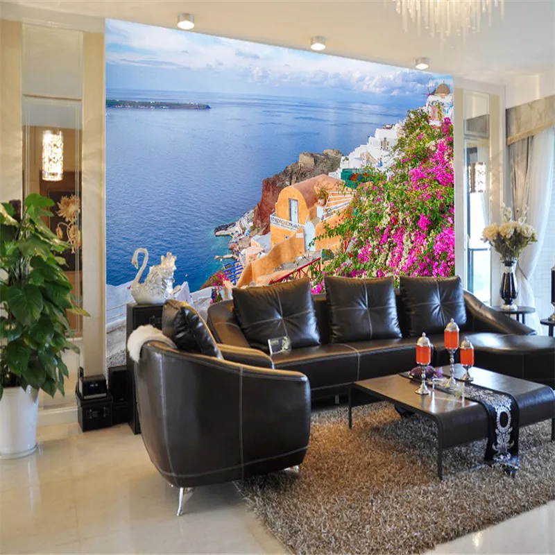 

Santorini Island Greece Bright Colored Flowers Photo Wallpapers for Living Room Mediterranean Mural 3D Wall Papers Home Decor