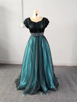 

Turquoise Black A-line Modest Prom Dresses With Cap Sleeves Beaded Ruched Girls Sleeved Formal Dress Size 10 Clearance