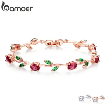 

BAMOER Rose Gold Color Leaf Chain & Link Bracelet with Red + Green AAA Zircon for Mother Gifts Jewelry JIB072