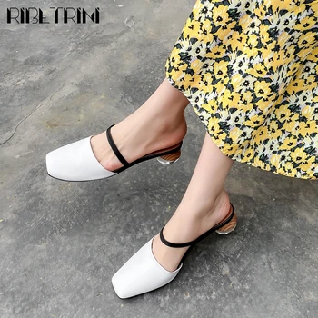 

RIBETRINI Fashion High Strange Heels Dress Shoes New Brand All Genuine Leather Women Mules 2020 Summer slip-on Mules
