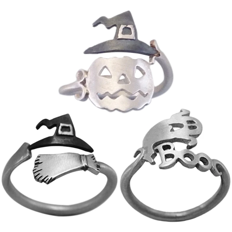 Cute Halloween Jewelry For Women Stylish Rings Witch Hats Broom Mop Pumpkin Lamp Alloy Finger Hollow Out Men's Ring | Украшения и