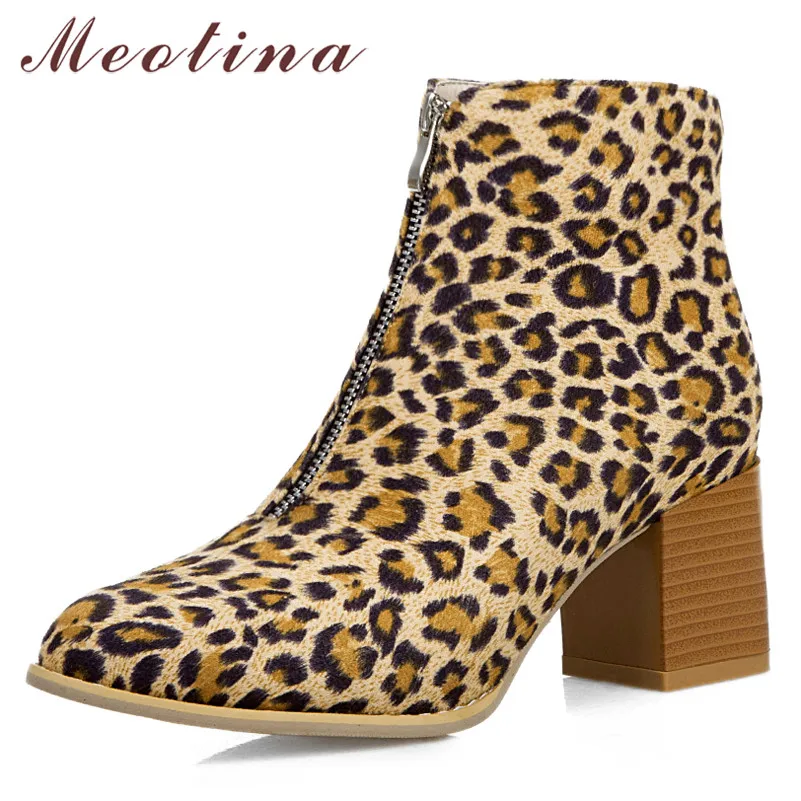 

Meotina Autumn Ankle Boots Women Leopard Chunky High Heels Short Boots Zipper Round Toe Shoes Ladies Winter Red Plus Size 34-46