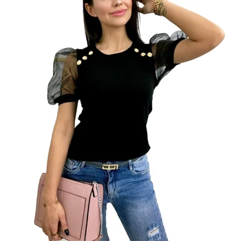 

Women Summer Short-sleeved T-shirt Fashion Metal Button Decorated Sexy Mesh Gauze Sleeve Top