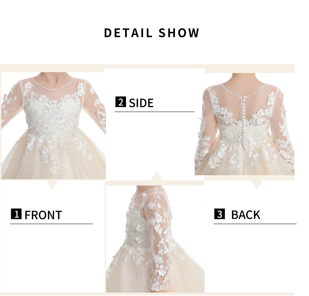 Puffy Tulle Appliques Baby Ball Gown Flower Girl Dresses Long Sleeve Princess Dress Wedding Party Dress First Communion