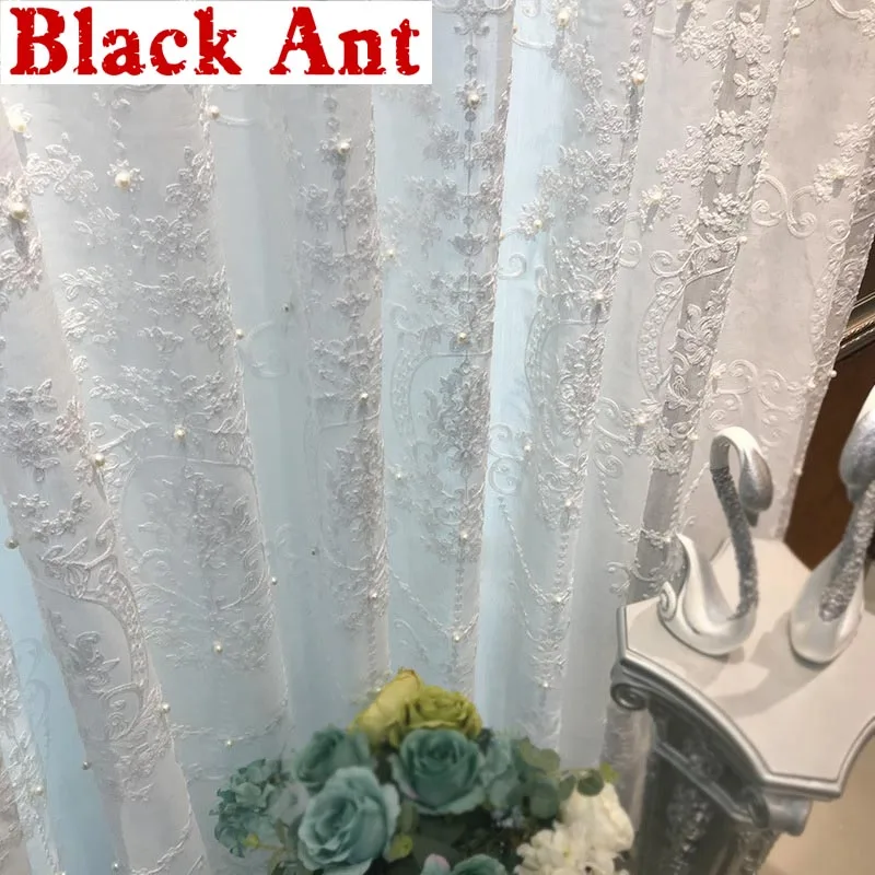 Pearl Embroidery Tulle for Living Room White Sheer Voile Lace Window Screening 