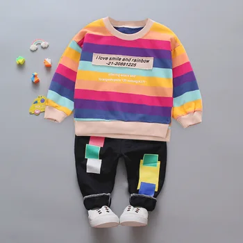 

ZWF425 Autumn Long-Sleeved Rainbow Striped Top + Trousers 2Pcs Sets Casual Clothes For Boys Fashion Children's Tracksuit 2-10Y