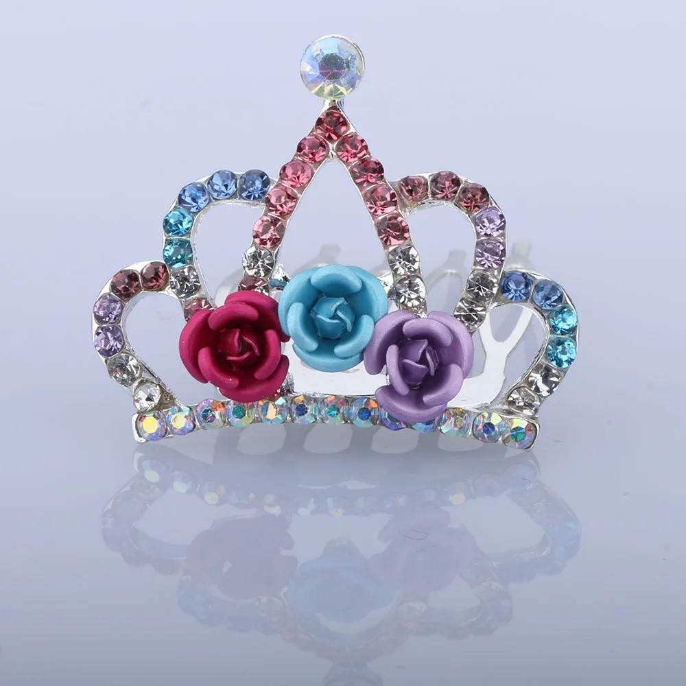 1 шт. красивый мини-Тиара цветок розы Кристалл корона принцессы из страз гребень для волос дети девочки маленькие украшения для волос - Окраска металла: B