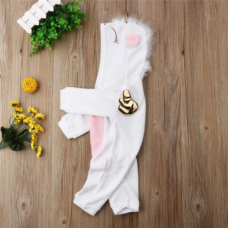 Милый комбинезон с капюшоном для новорожденных мальчиков и девочек, зимний костюм с рисунком единорога, флисовые штанишки, одежда для детей 0-24 месяцев