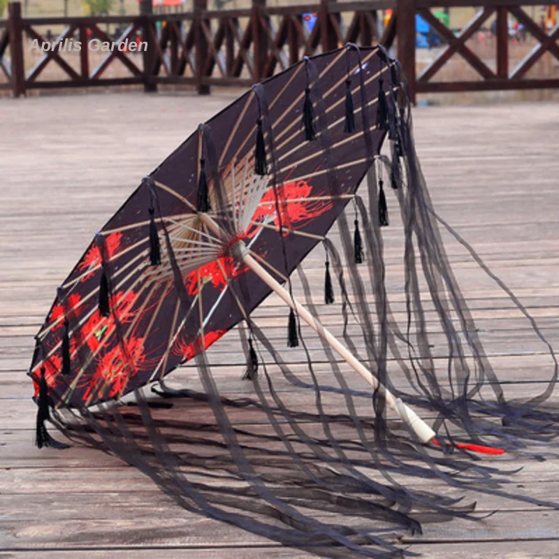 Silk Cloth Lace Umbrella for Women Costume Photography Props Tasseled Chinese Classical Oil-paper Parasol