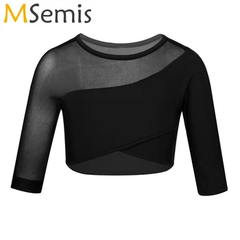 

Girls Ballet Gymnastics Leotards Crop Tops 3/4 Sleeves Asymmetrical Top for Teens Kid Ballet Dance Stage Performance Workout