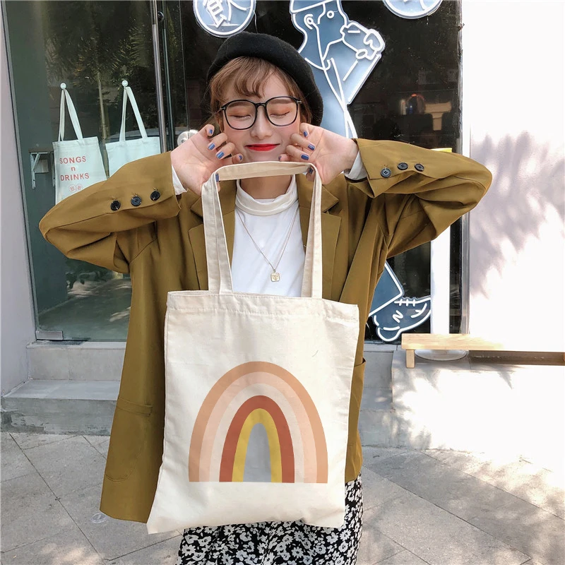 Boho Rainbow Customized Tote Bags for Women Casual Shopping Bag