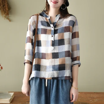

Summer T-shirt Retro Women Loose Casual All-match Tops 2020 Ladies New Stand Button Short Sleeve Plaid Vintage T-shirt Tops