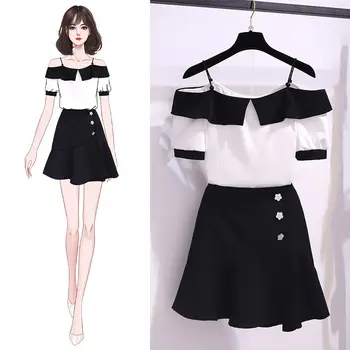 

2020 Women Summer Fashion Sweet Korean Slash Neck Off Shoulder Mesh Shirt Top + Elegant Mini Skirt Two Pieces Set Cute Suit H88