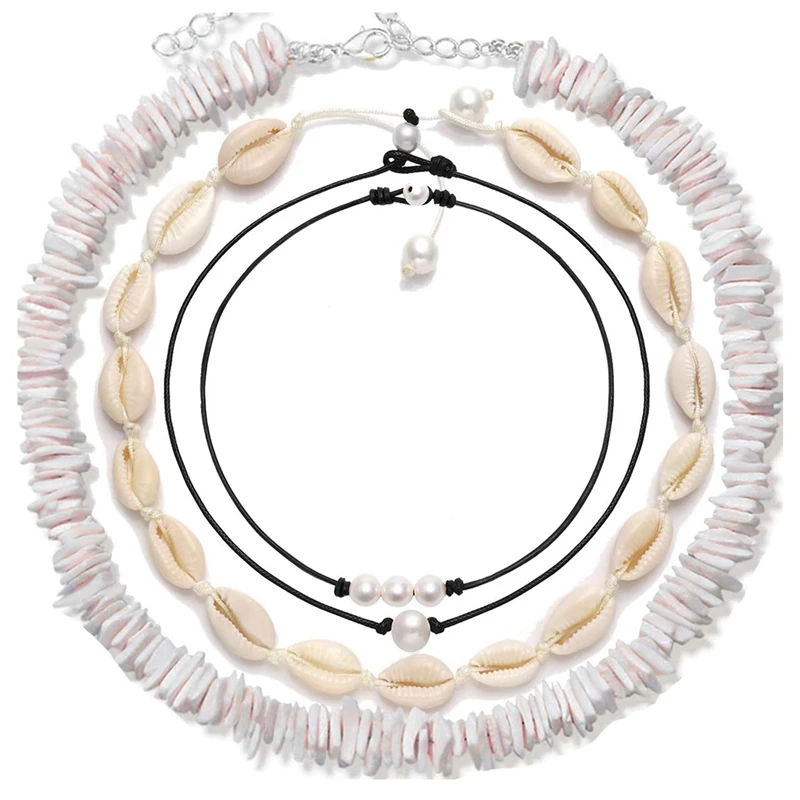 

4 Pcs Shell Choker Necklace 14 16 18 Inch Seashell Short Hawaiian Boho Summer Beach Bohemia Jewelry Set Hawaii Cowrie Beads Cord
