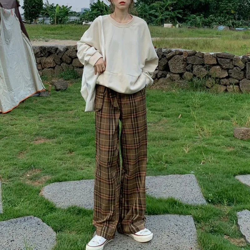 

HOUZHOU Plaid Pants Women High Waist Casual Wide Leg Pants for Women Fashion Office Ladies Pants Checked Trousers Women Straight