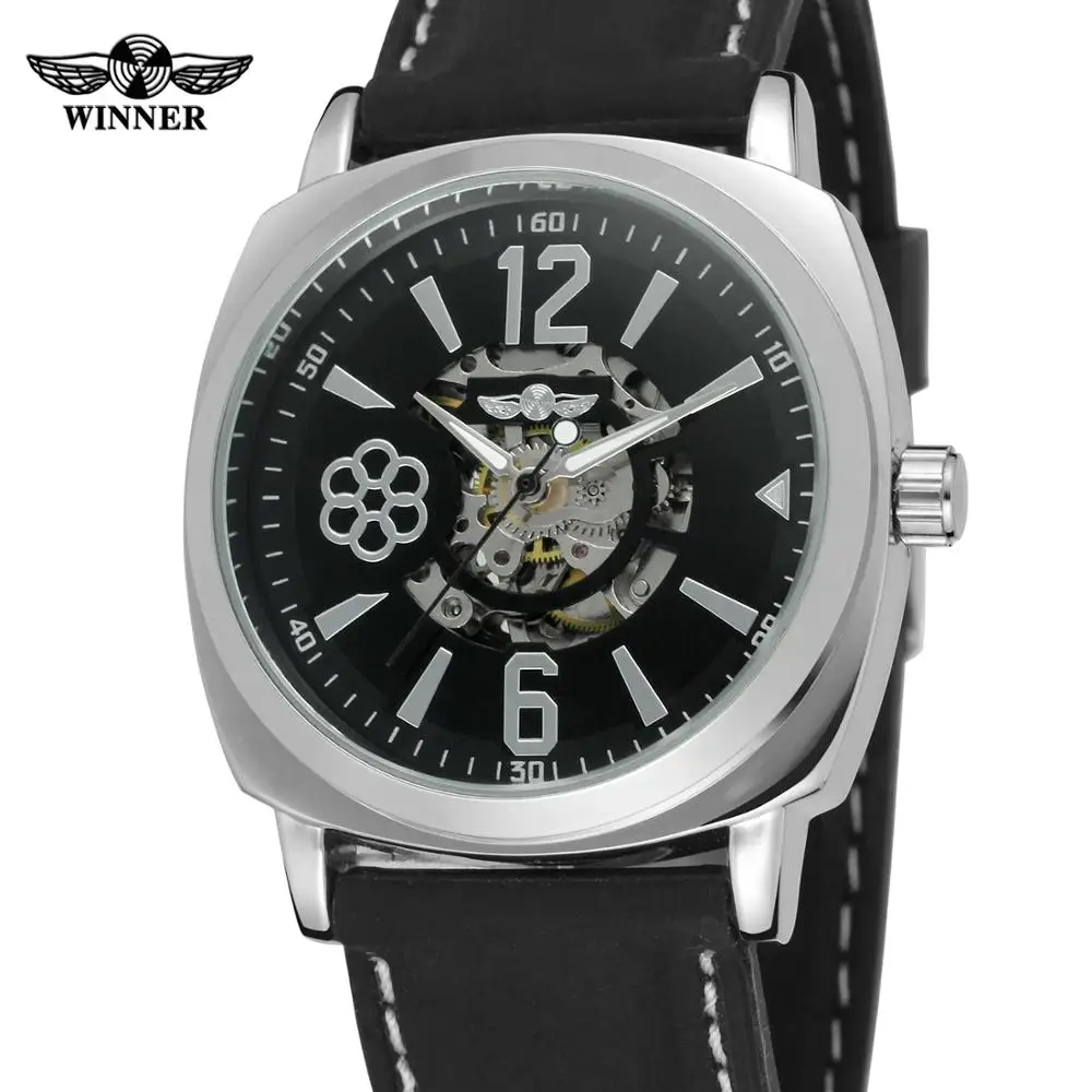 

WINNER Skeleton Dial Flower Design Leather Strap Fashion Wristwatch Men's Watch Classic Dress Automatic Mechanical Watches Men