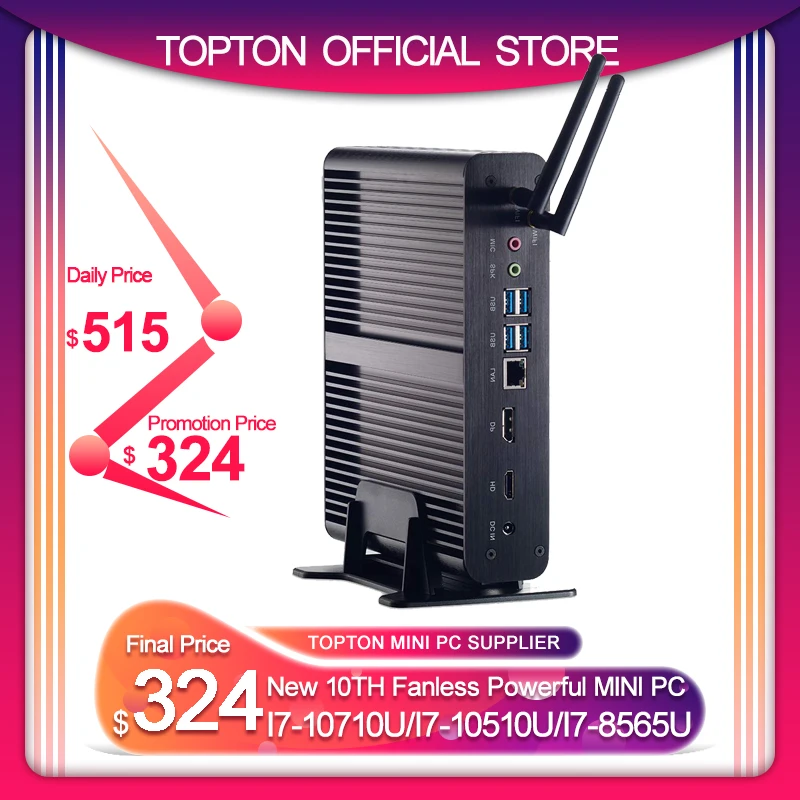 TOPTON 2 * DDR4 M.2 Nuc безвентиляторный мини ПК Intel Core i7 10710U/10510U 8565U/7560U i5 8 USB + Msata 5 'ƊK HTPC