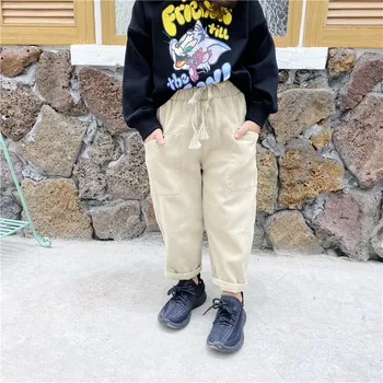 

WLG spring boys girls casual pants kids khaki big pockets pant baby loose all match trousers for 1-6 years