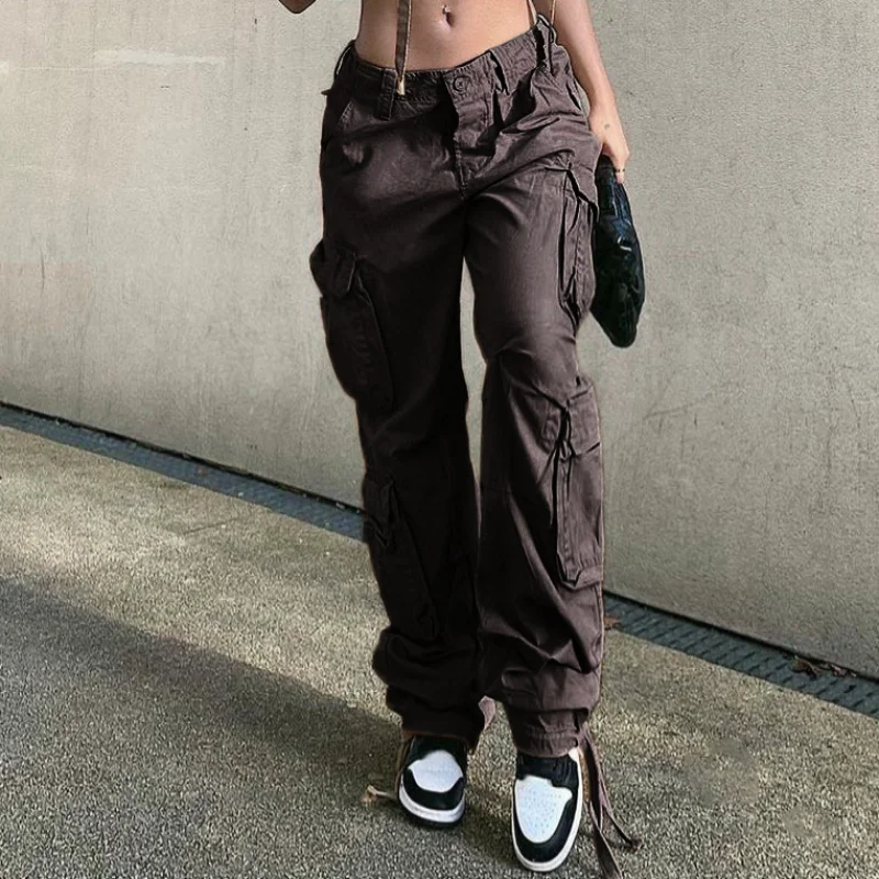 WeiYao Khaki Solid Baggy Cargo Pants Women Low Waist Mom Jeans Vintage 90s Grunge Streetwear Casual Hippie Denim Trousers