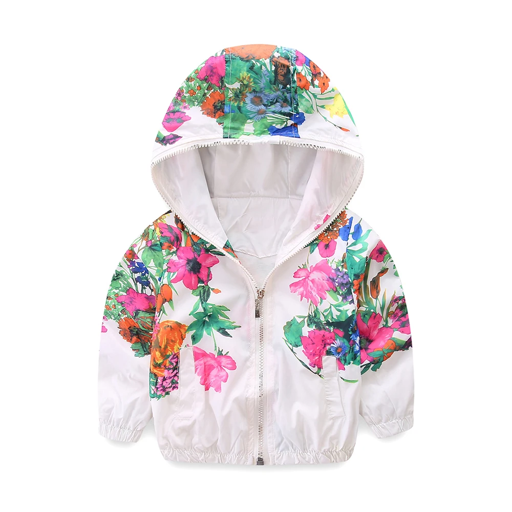 Куртка детская демисезонная на молнии с капюшоном и цветочным принтом|jackets for