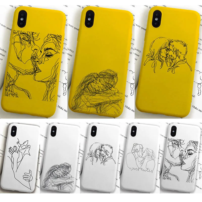 Минималистский линия пара Поцелуй Ручная роспись мягкий цвет: желтый розовый