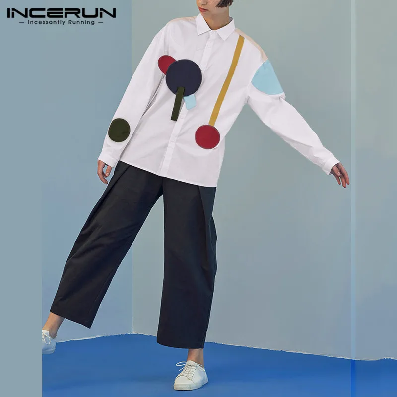 

Spring Men Patchwork Shirt Male Loose Abstract Pattern Camisa Fashion White Long Sleeve Casual Tops Funny Design Blouse INCERUN
