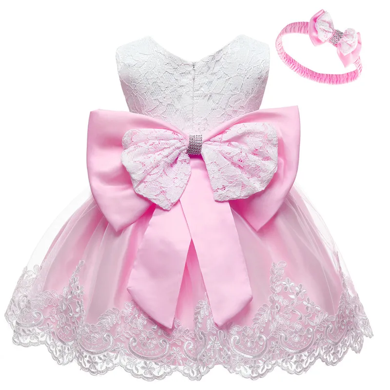 Платье для маленьких девочек; с бантом; Пышное кружевное платье; праздничное платье; Пышное Платье с бантом и лентой для волос - Цвет: Pink