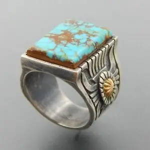 

Lkn New Style Inlaid Square Turquoise Ring Europe And America Plated 18 K Gold Color Separation Sunflower Rings