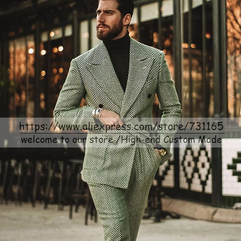 Wide Peaked Lapel Tweed Men Suits Plaid Formal Groom Wedding Tuxedos Custom
