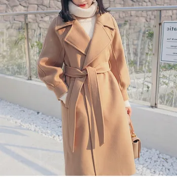 

Winter Woolen Coat Female Wool Jacket Coats Women Loose warm With Belt Lantern Sleeves Ladies office work wear elegant Overcoat