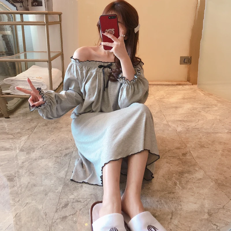 solid long nightgowns women elastic cotton long sleeve girls sleepwear sleep dress pyjamas casual cotton home dress - Цвет: color8