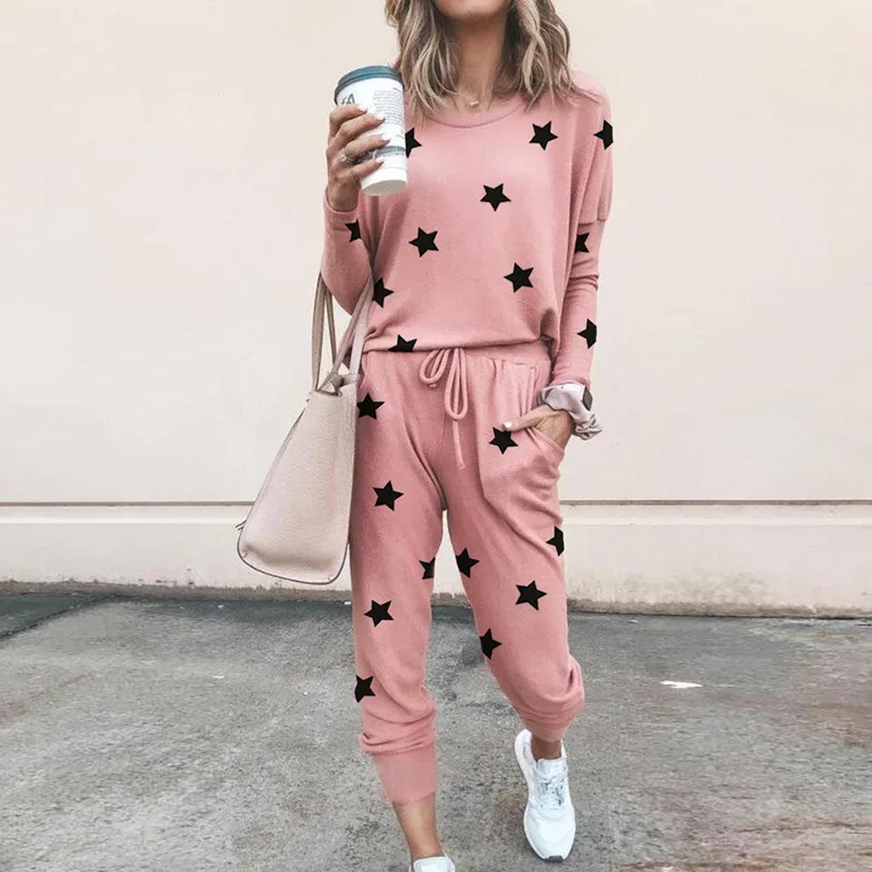 Star Print 2 Pieces Set Women Tiedyed Womens Tracksuit Female Long Sleeve T Shirt and Pants |