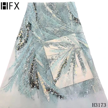 

HFX Embroidery African Mesh Lace Fabrics Sequins Lace Fabrics unique Pattern Sequence Laces Fabric for Nigerian Net Lace H3173