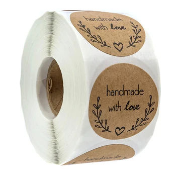 

500pcs DIY Handmade With Love Handmade Sticker 1inch Kraft Paper Round Sticker Multifunction Adhesive Packaging Sealing Sticker