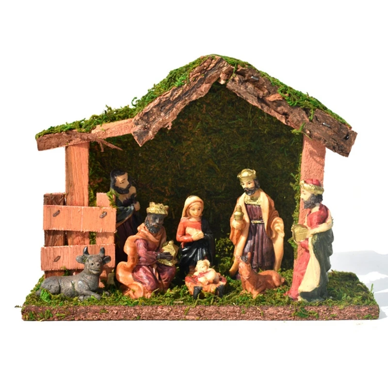 Figure Original Nativity Set Special Nativity Scene Birth Jesus Christ Wooden Stable 10 PCS