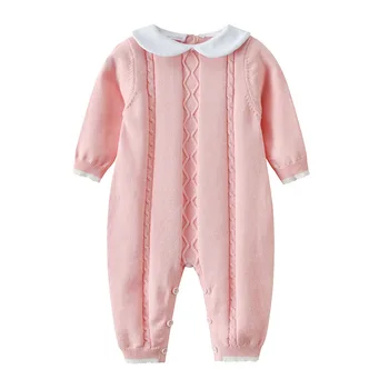 

Baby Girls Cotton Rompers Knitted Cute Pink Turn-Down Neck Long Sleeves Newborn Infant Jumpsuits Outfits Autumn Winter Playsuits