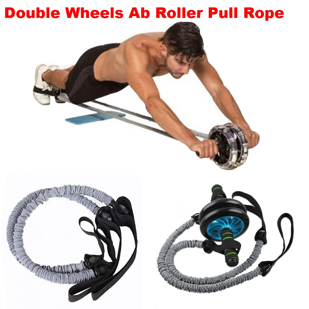 66A6 Dual Wheels Roller Elastic Abdominal Resistance Pull Rope Belly Gym Fit UW 