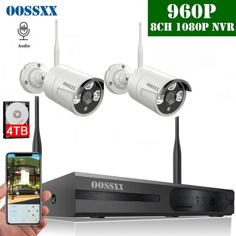 2 White 960P Cameras Беспроводная система охранной камеры, комплект NVR 8CH 1080 P, 4 шт 720P(1,0 м) наружная беспроводная ip-камера видеонаблюдения OOSSXX - Цвет: 2 White 960P Cameras
