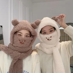 Cute Cartoon Dog Ear Cap Scarf Face Mask 3 In One Women's Thickened Warm Lamb Plush Hats Casual Girl Gift Winter Accessories