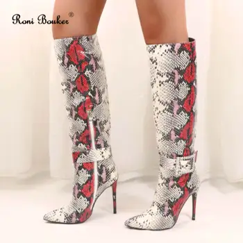 

Roni Bouker New 2019 Winter Snake Pattern Shoes Woman Fashion Heels Boot Women Handmade Shoe Women's Zipper Knee High Boots 39