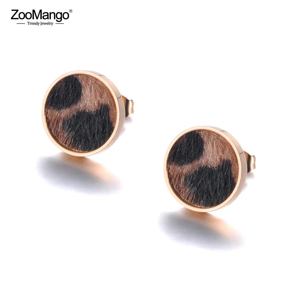 ZooMango Леопардовый принт конский волос наклеенные круглые гвоздики золотые, розовые серьги из нержавеющей стали ювелирные изделия для женщин девочек ZE19022